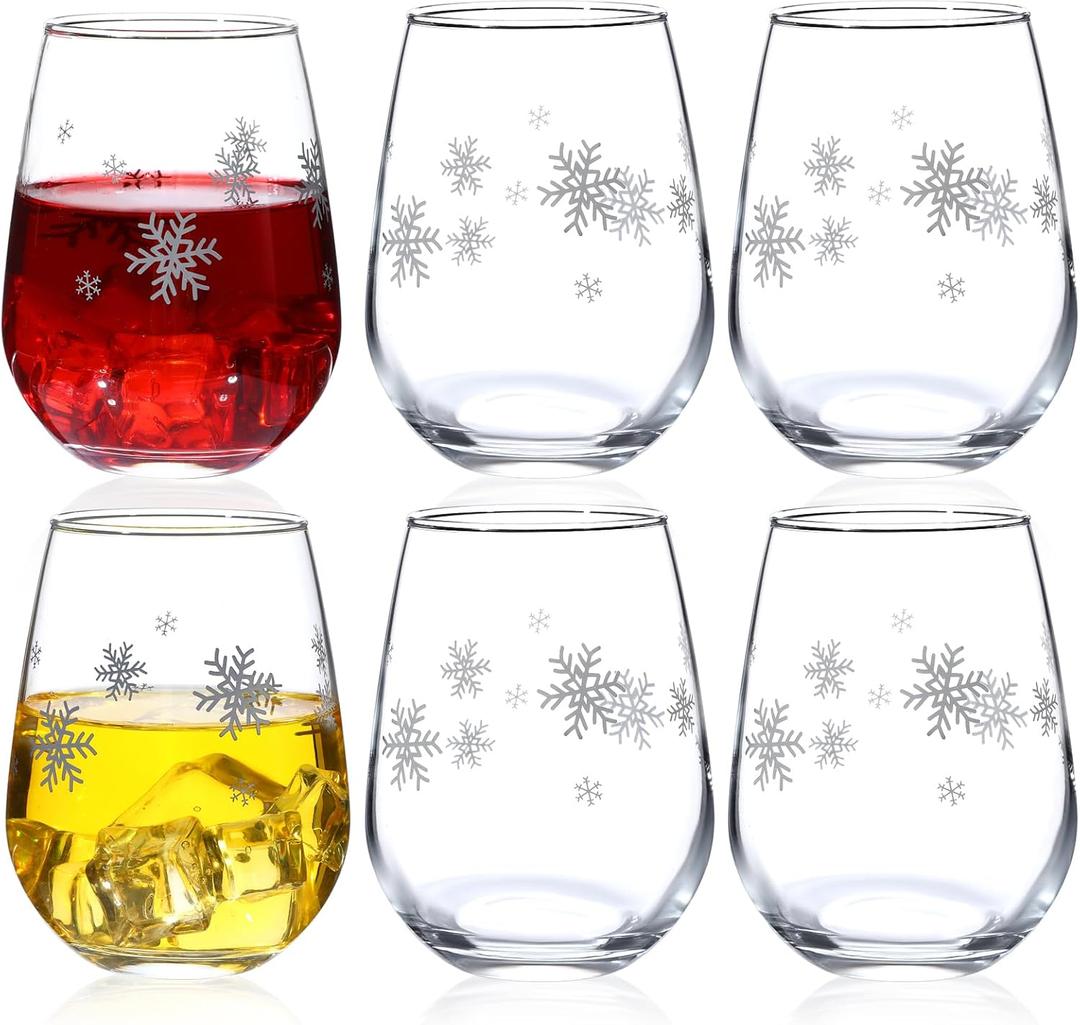 Maxcheck 6 Pcs Snowflake Winter Wine Glass Set 18 oz Winter Stemless Glasses with Silver Snow Designs for Christmas Party Wedding Present Holiday Party Gift(Snowflake)