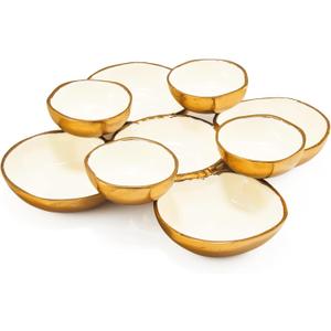 Cluster of 9 Serving Bowls, One-Piece Set, Gold White Brass Multi-Bowl Display Tray for Snacks Nuts Chips Appetizers, Modern Home Entertaining Centerpiece Dining Parties Housewarming Wedding Gifts 11"