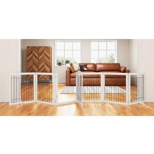 PAWLAND 144-inch Extra Wide 30-inches Tall Dog gate with Door Walk Through, Freestanding Wire Pet Gate for The House, Doorway, Stairs, Pet Puppy Safety Fence, Support Feet Included, White,6 Panels
