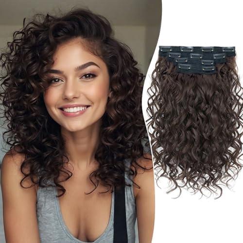 Aisaide Clip in Hair Extensions, 4PCS 12 inch Curly Hair Extensions Short Soft Natural Hairpiece Lace Weft Curly Wave Clip Ins Extensions Invisible for Women,Dark Chocolate Brown