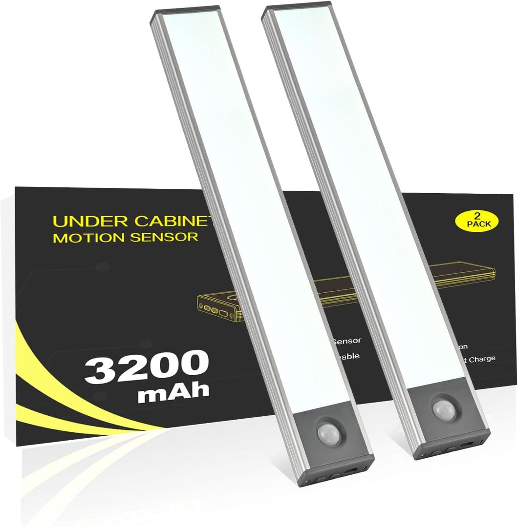 Under Cabinet Lighting, 3200mAh Wireless Motion Sensor Light Indoor, 180lm Rechargeable Battery Operated LED Closet Lights, Magnetic Under Counter Lights for Kitchen Stair (8 Inch, Cool White, 2 Pack)