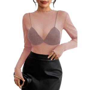 Pink Queen Women's Mesh Sheer Tops Sexy See Through Mandarin Collar FIt Party Clubwear Shirts (Pink, XL)