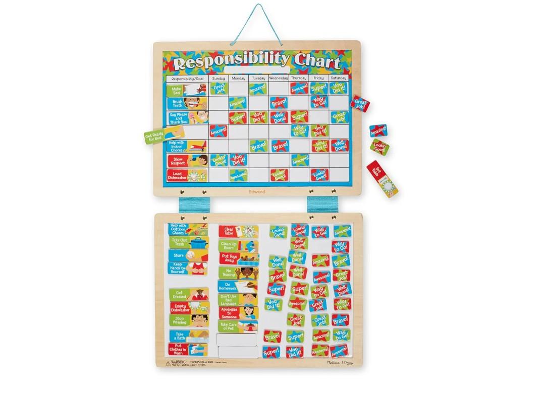 Melissa & Doug Magnetic Wooden Responsibility Chart Toddler Routine, Kids Reward Board, Chores Chart, Responsibility Tool for Kids Ages 3+