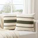 Fancy Homi Set of 2 Boho Olive Green Decorative Throw Pillow Cover 22x22 Inch for Couch Bed Sofa, Aesthetic Modern Organic Farmhouse Home Decor, Soft Cotton Cute Accent Macrame Woven Cushion Case (22" x 22" (Pack of 2))