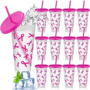 12 Pcs 24 oz Pink Disposable Pet Drinking Cups with Lid Pink Awareness Ribbon Disposable Straw for Christmas Dinner Anniversary Party Supplies Stuffers Gifts