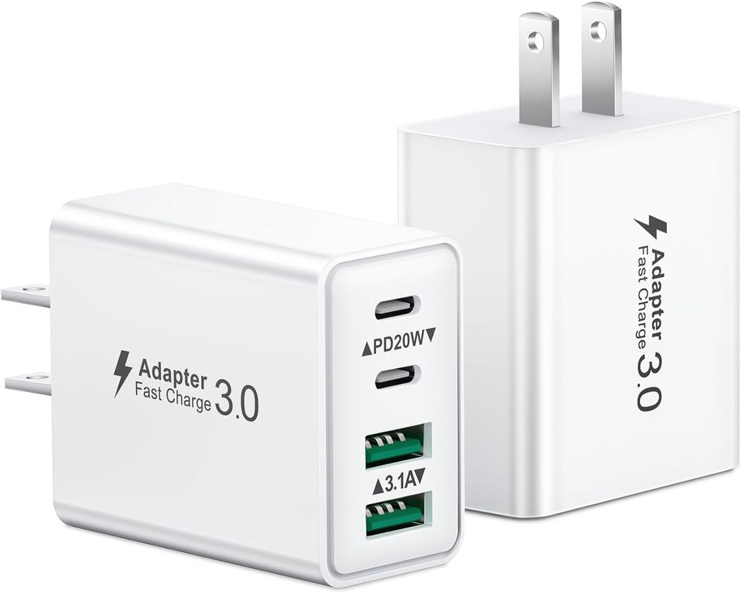 USB C Charger Block, 2Pack 40W 4-Port Type C Fast Charging Block Dual PD Power Adapter+QC Plug Double USB Wall Charger Blocks Multiple USBC Charging Cube for iPhone 16 15 14 13 12 11 Pro Max, Samsung (2-Pack White)