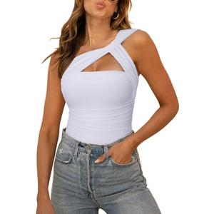 REORIA Womens Sexy One Shoulder Asymmetrical Leopard Print Mesh Ruched Backless Going Out Bodysuits Tops (Small, White)