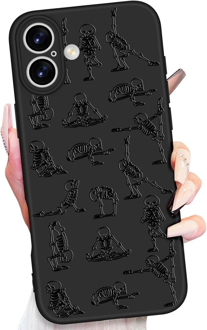 3 x Toycamp for iPhone 16 Case 6.1 Inch - Women Girls Skeleton Dance Cute Black Frosted Slim Fit Design Soft TPU Shockproof Protective Girly Cool Kawaii Fashion Unique Cover for iPhone 16 Phone Case