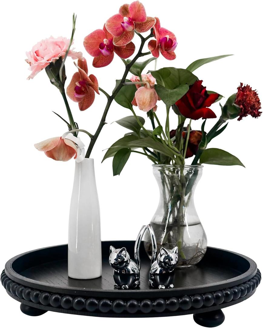 FramePro Decorative Tray 12in Round Wood Beaded - Black Serving Tray Risers for Living Room, Coffee Table, Kitchen or Farmhouse Display