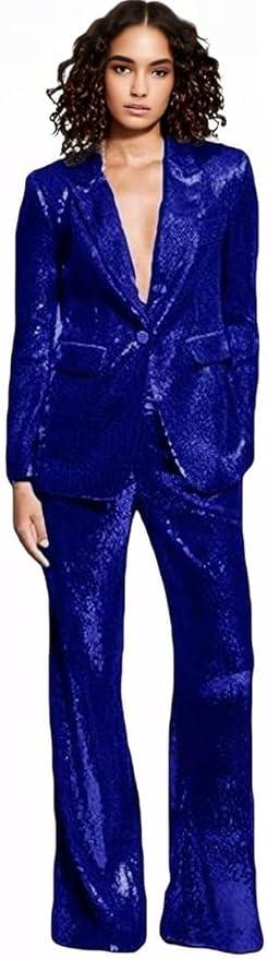 Women's Sequined Fashion Suit Set One Button 2 Piece Wedding Tuxedos Blazer Pants Prom Party Outfit, 2XL
