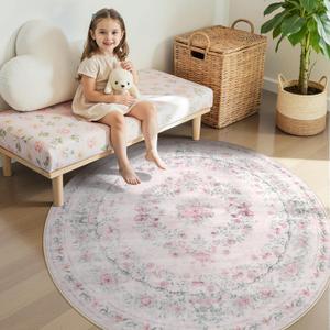 Wonnitar Pink Washable Round Rugs 6ft, Bow Round Area Rug for Bedroom, Ultra-Thin Non Slip Soft Boho Floral Circle Carpet for Teen Girl Room Kids Nursery Living Room Decor, Light Pink (6' (Round))