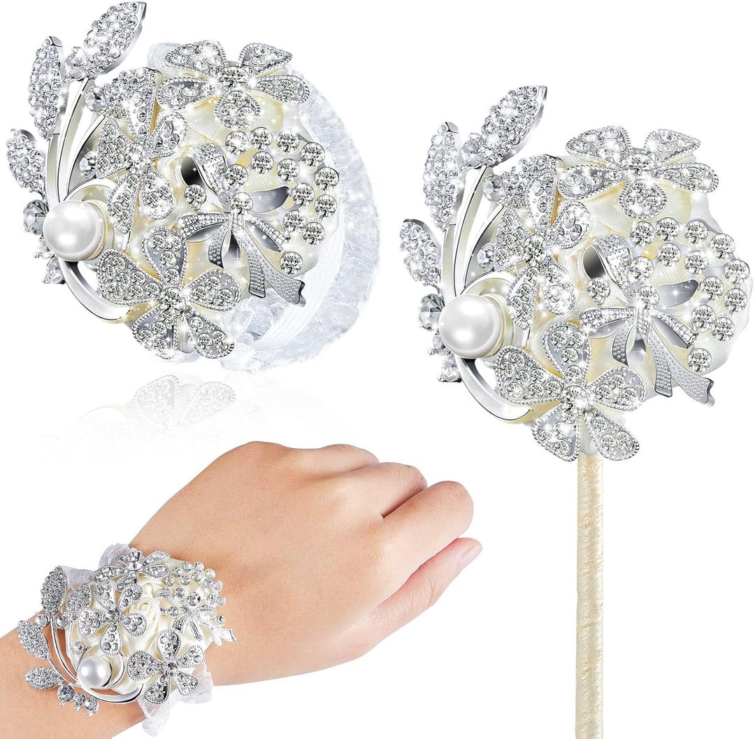 Yunsailing 2 Pcs Rhinestone Wrist Corsage and Boutonniere Set - Artificial Flower Corsage Wristlet for Wedding Prom Homecoming Bridesmaid Bridal Shower Anniversary Formal Event (Silver Ivory,Pearl)