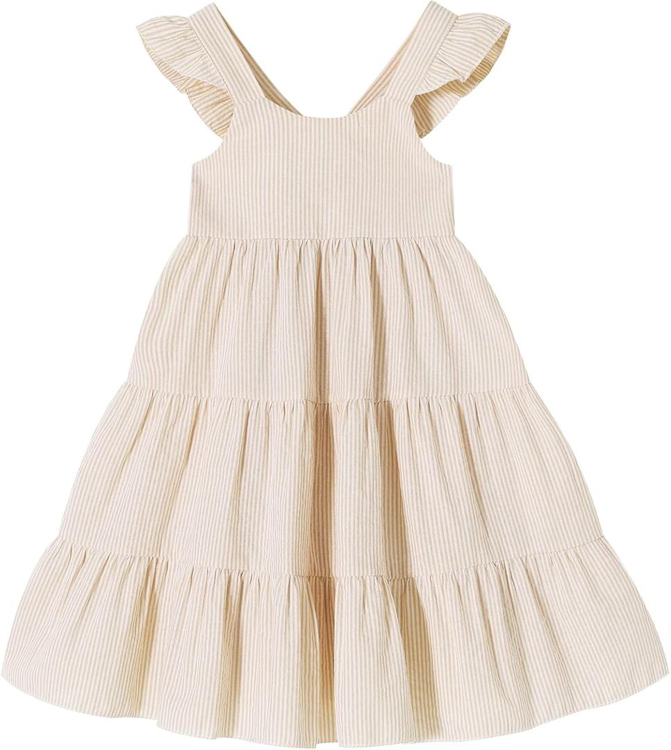 Kids Toddler Baby Girls Rainbow Dress Princess Sleeveless Beach Butterfly Sundress 
(5-6T, Khaki Stripe)