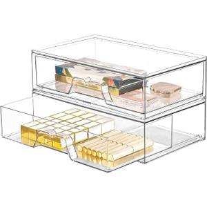 2 Pack Stackable Makeup Organizer, 12.1''L Acrylic Bathroom Organizer and Storage Undersink Drawer, Cosmetics and Beauty Supplies,Clear Plastic Storage Bins for Desk,Cabinet,Kitchen,Vanity,Pantry