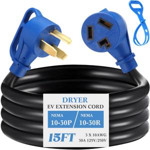 Kanayu 3 Prong Dryer/EV Extension Cord 15 FT, 30 Amp Compatible with NEMA 10-30P to 10-30R, for Level 2 EV Charging and 3 Prong Dryer, Flexible STW 10 Gauge Cord with Grip Handle, ETL Listed (Blue)