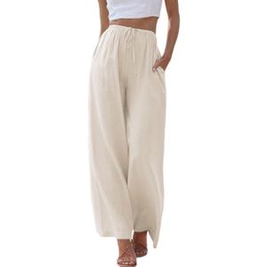 Women's Palazzo Pants Flowy High Waist Flowy Wide Leg Trousers with Pockets Cotton (Beige)