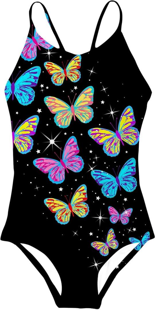 Idgreatim Girls Swimsuit Black Quick Dry Bathing Suit Colorful Butterflies Swimwear, 11-12 Years