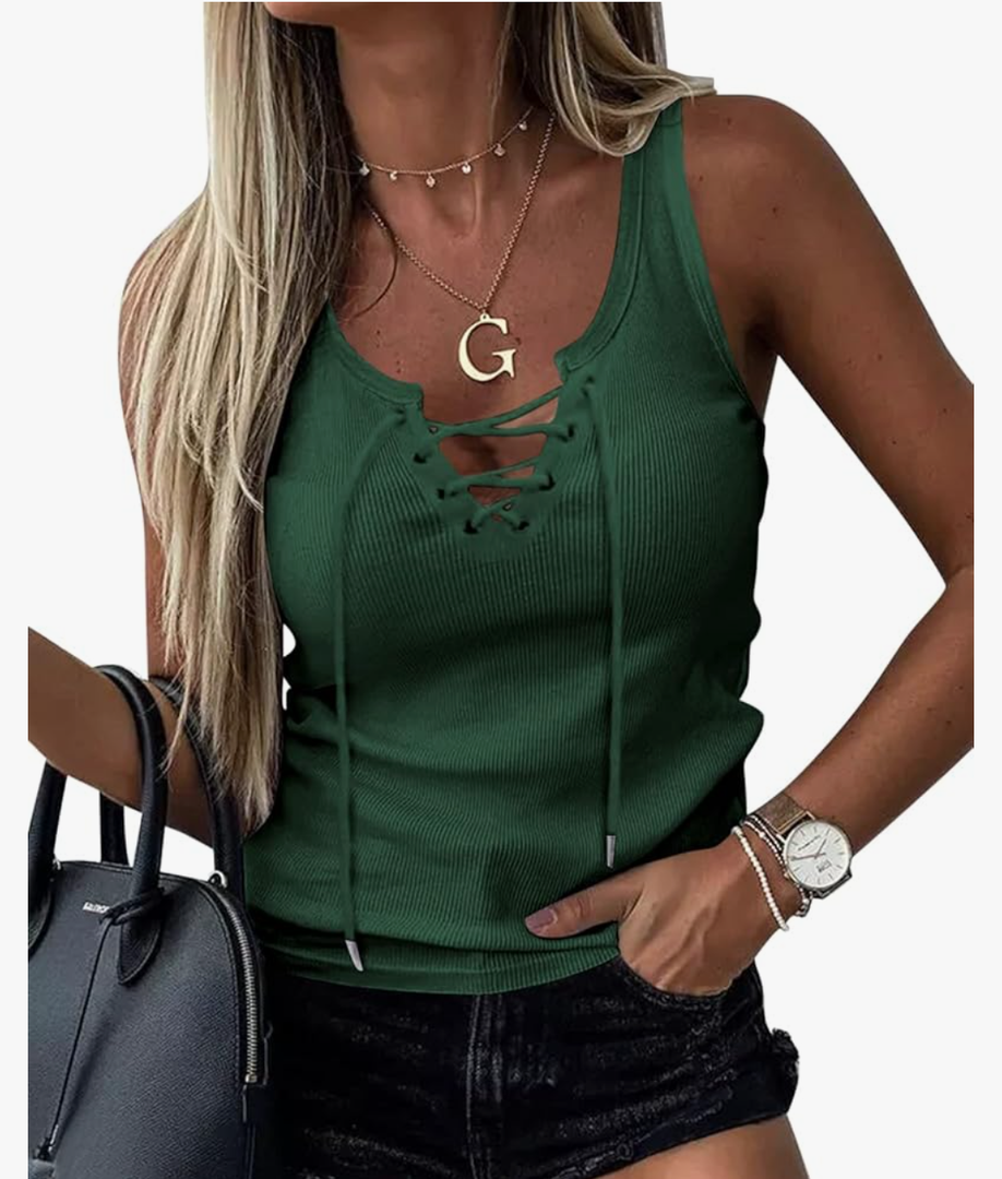 Womens Sexy V Neck Tank Shirts Top Sleeveless Casual Basic Drawstring Rib Knit Tops Size L