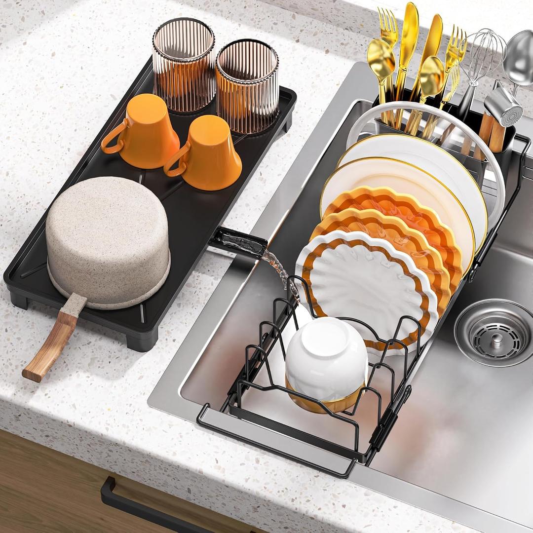 masadi Small Dish Drying Rack - Expandable Sink Dish Drying Rack Over Sinks with Drying Tray, Dish Drainer for Kitchen Counter with Adjustable Cutlery Holder, Space-Saving for Small Kitchens, Black, 15.3 x 6.6 x 5.5 inches