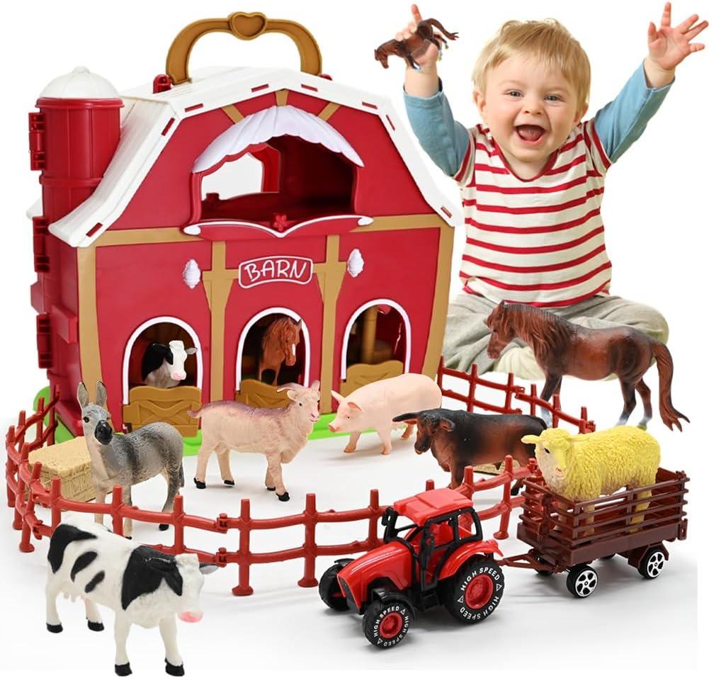 Big Red Barn Toys for Toddlers 1-3, Farm Animal Figures Playset with Tractor for 2 3 4 5 Year Old Kids, Preschool Montessori STEM Learning Toys, Christmas Birthday Easter Gift for Boys Girls