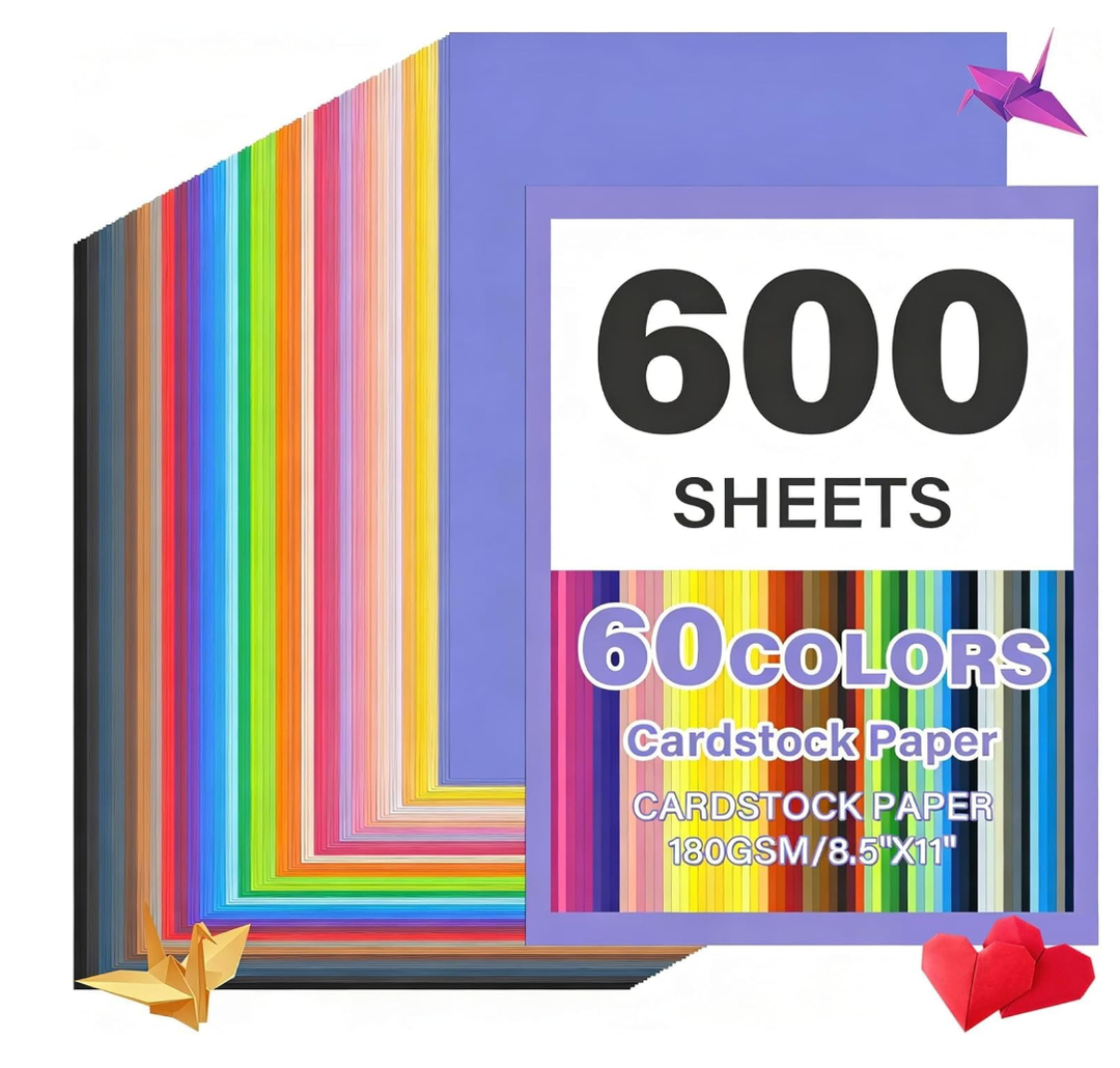 600-Sheets Colored Cardstock for Crafts: 50 Assorted Colors, 8.5" x 11", 65lb/180gsm, Colored Paper for Kids School Supplies, Party Decorations, DIY Crafts, for cri·cut Cutting