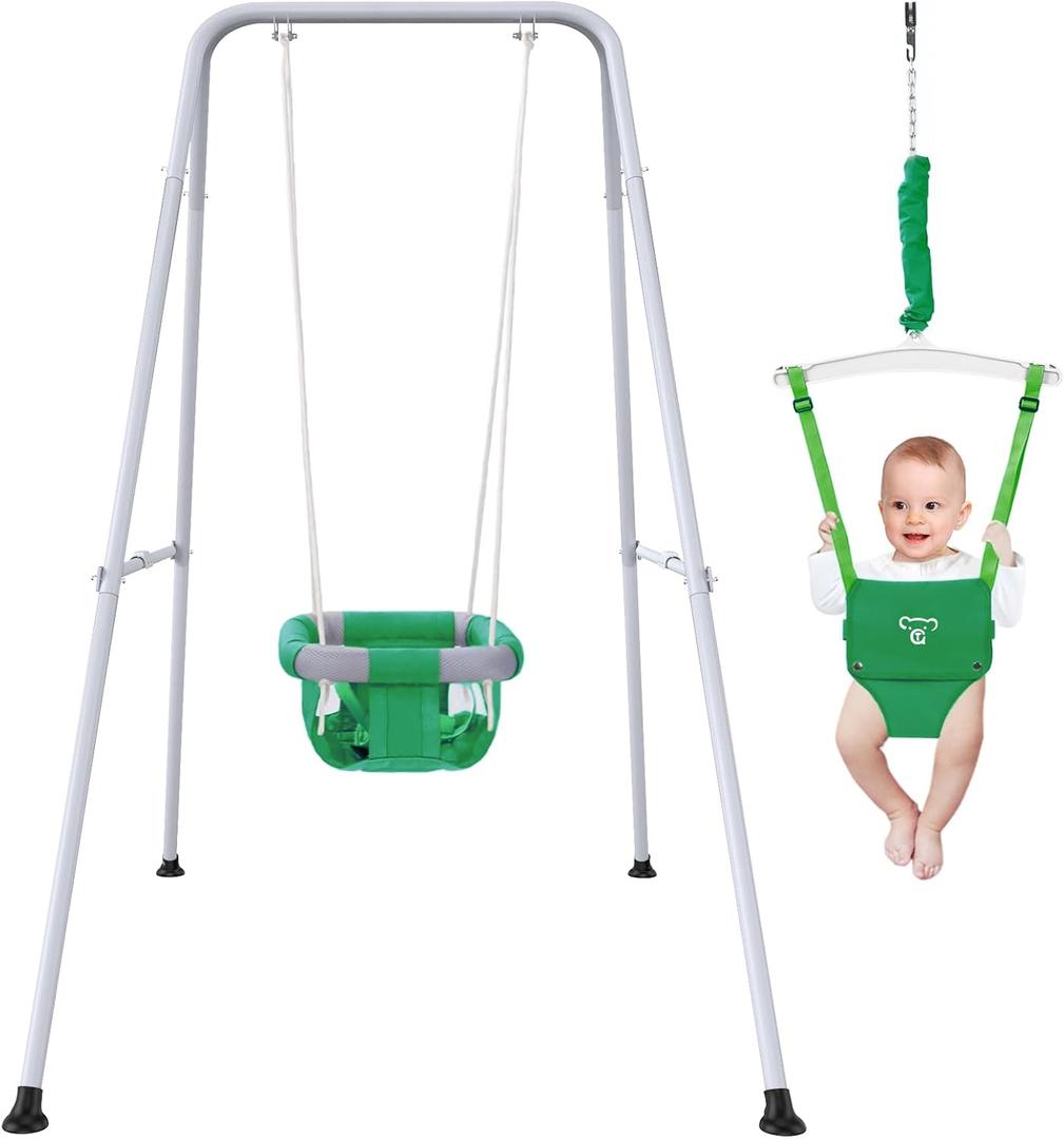 2 in 1 Baby Jumper with Swing-Indoor and Outdoor Use, Baby Jumpers and Bouncers, Toddler Swing with Foldable StandGreen