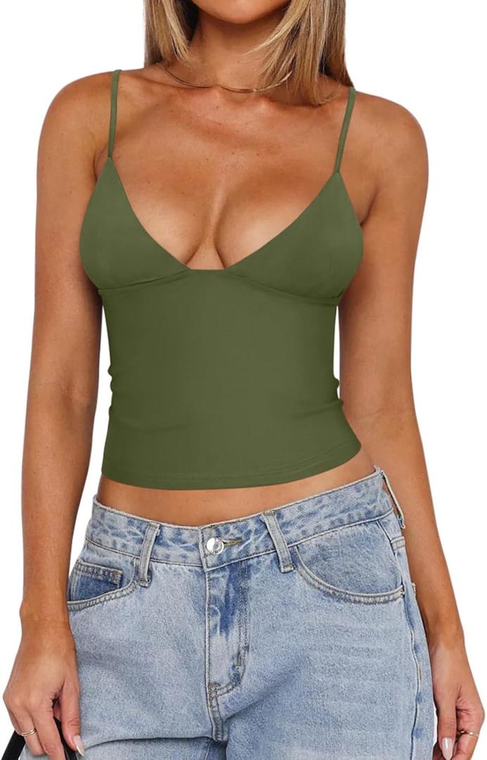 REORIA Butsmooth Womens Sexy V-Neck Sleeveless Double Lined Going Out Y2K Trendy Cami Shirt Cropped Tank Tops (Dark Green) XL