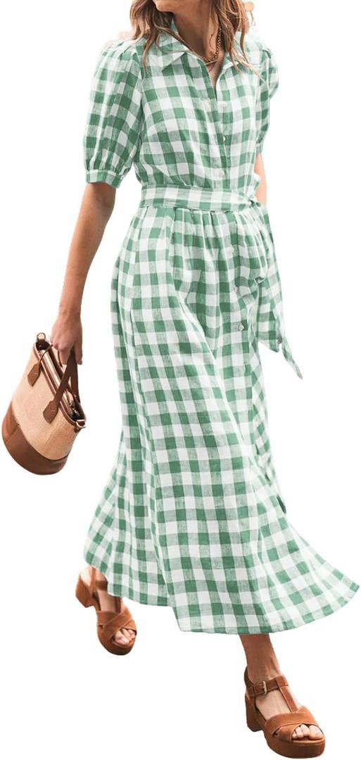 CHARTOU Women's Summer  Plaid Puff Short Sleeve Dress Button Down Long Shirt Dress with Belt  (X-Large, Green)