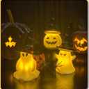 3 Pack Light Up Ghost Pumpkin Figurine Halloween Decorations, Spooky LED Lighted Ghost Statue with Witch Hats for Home Mantel Tabletop Party Holiday Decor