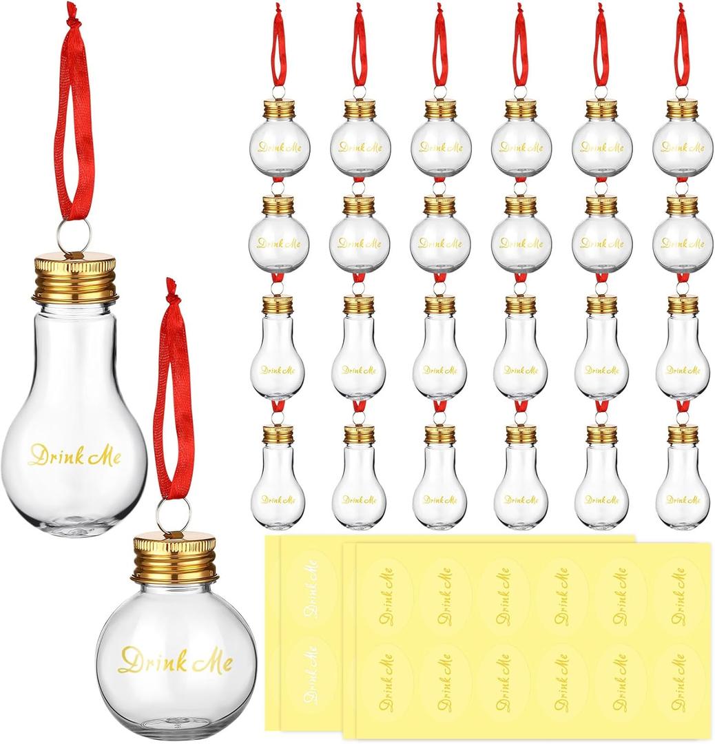 Jinei 24 Pieces Christmas Tree Fillable Hanging Ball Ornaments 50 ml Clear Plastic Fillable Light Bulb Ornament with Ribbon and Sticker for Home Christmas Holiday Party Decor