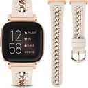 Minyee Leather Band Compatible with Fitbit Versa 2/Fitbit Versa/Versa Lite Bands Women, Dressy Premium Leather Designer Strap with Stainless Steel Metal Chain for Versa 2 Smartwatch Accessories (Starlight/Rose Gold)