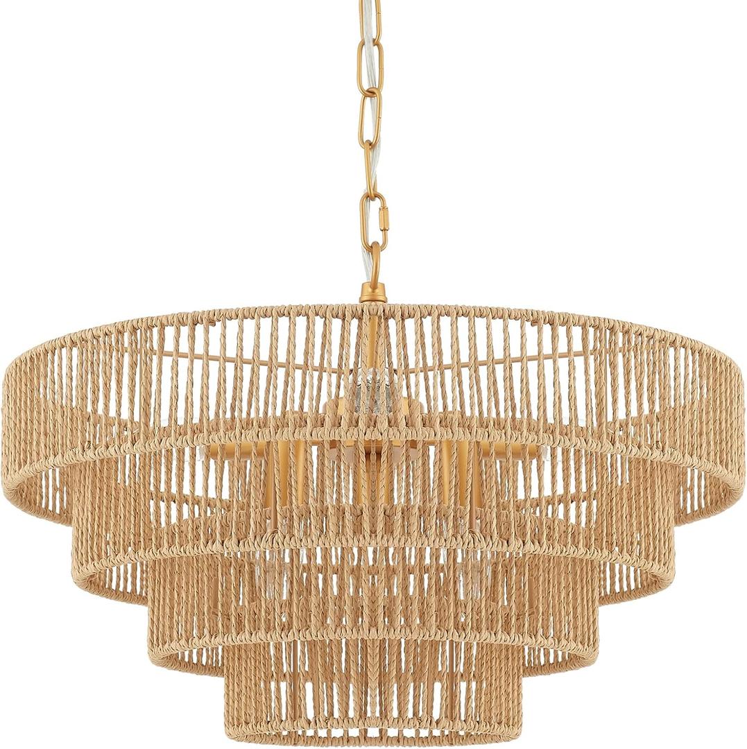 6-Lights Hand-Woven Rattan Pendant Light 4 Round Transitional Minimalist Boho Large Pendant Light for Kitchen Island Dining Room Living Room Hallway, Dia 20 Inch, UL Listed