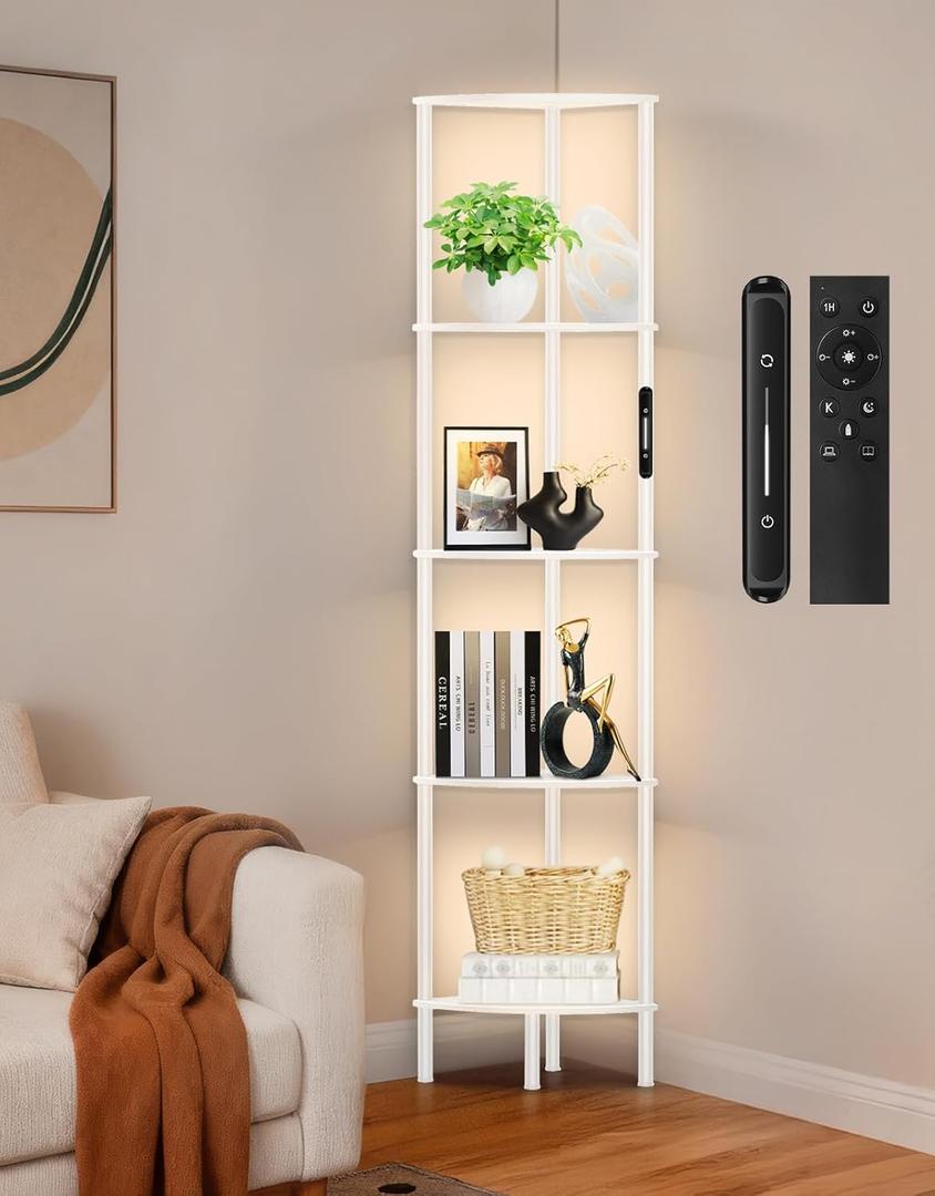 5 Tier Corner Shelf with LED Light, Touch & Remote Control, Dimmable Narrow Corner Bookshelf with 3 Color Temperature, 1-Hour Timer, Display Shelves for Living Room, Bedroom(White)