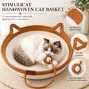 Large Stimulicat Handwoven Cat Basket, Natural Cotton Rope Cat Bed with Hanging Toy Ball, Scratchable & Breathable Cat Basket for Indoor Cats, Foldable Cozy Cat Nest, Interactive Cat Scratcher Bed