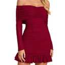 XinFSh Women's Sexy Off The Shoulder Bodycon Mini Dress Fall Long Sleeve Ruffle Ruched Short Party Club Dresses Wine (L)