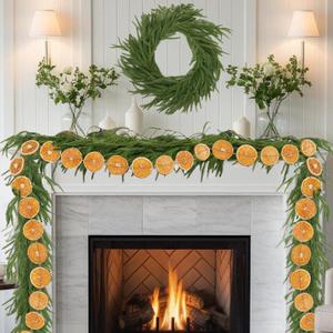 9 Ft Artificial Norfolk Pine Garlands with 9Ft Orange Slice Christmas Garland Realistic Pine Garlands Green Artificial Greenery Garland for Table, Mantle, Wall, Indoor, Outdoor Christmas Decorations