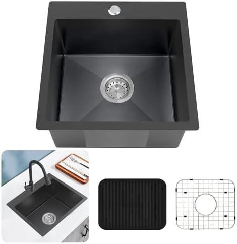 Black Kitchen Sink, Stainless Steel 18 x 18 Inch Top Mount Kitchen&Bar Sink Single Bowl Drop In Sink Set - Stainless Grid, Silicon Mat, Retracable Basket For Modern Stylish Kitchen