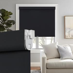 Persilux No Drill No Tools 100% Blackout Roller Shades for Indoor windows, Free-Stop Cordless Roller Blinds, UV Protection Thermal Insulated Fabric Roller Window Shades for Home (Black, 32.5"W x 72"H)