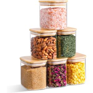 ComSaf 0.7 Qt Rectangle Glass Storage Containers with Lids, Glass Jars with Bamboo Lids, Clear Food Jar, Sugar Coffee Containers, Small Pantry Storage Container for Tea Candy Nuts Spices Oat