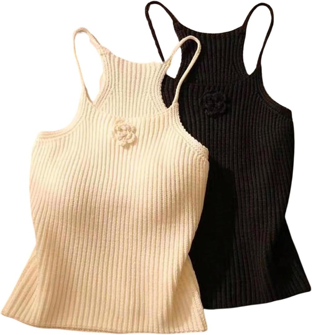 MakeMeChic Women's 2 Pack Crochet Cami Tops 3D Floral Rib Knitted Y2K Camisoles (M)