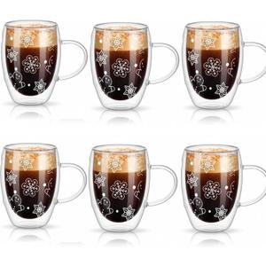 Sliner 6 Pack Gingerbread Man Double Wall Glass Coffee Mugs with Handle 12 oz Clear Insulated Glasses Cups Winter Holiday Mugs for Cappuccino Latte Espresso Tea Bag Beverage Hot Chocolate
