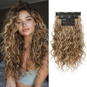 REECHO Curly Hair Extensions, 4PCS 16 inch Clip in Hair Extensions Lace Weft Short Curly Hair Extensions Clip Ins Invisible Natural Hairpieces for Women, Light Brown with Blonde Highlights