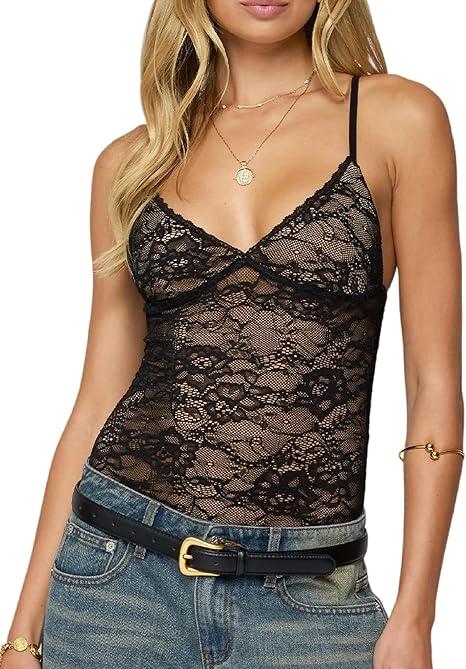 Women Sheer Lace Cami Top Y2k Mesh Spaghetti Strap V Neck Tank Tops Backless Floral Lace Camisole Going Out, Medium