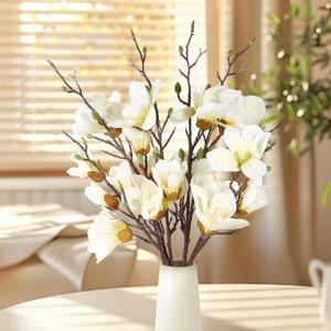 2 PCS 35inch Artificial Magnolia Flowers 3D Real Touch 10 Heads Faux Magnolia Flowers Realistic Long Stem with Green Leaves for Home Wedding Table Office Floral Arrangement Decoration (White)