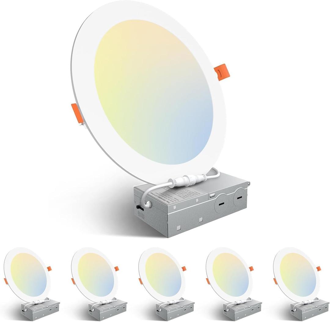 Amico 6 Pack 8 Inch 5CCT Ultra-Thin LED Recessed Ceiling Light with Junction Box, 2700K/3000K/3500K/4000K/5000K Selectable, 18W Eqv 125W 1600LM Brightness Dimmable Canless Wafer Downlight, ETL (White)