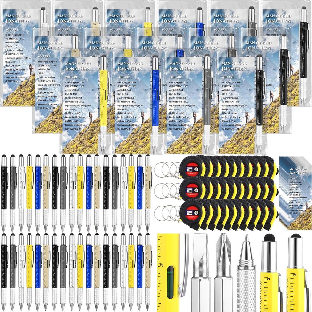 90 Pcs Man of God Gift Christian Church Gifts Bulk 30 Practical Sets with 6 in 1 Multi Tool Pen Small Tape Measure Bible Verse Bookmarks Christmas Gifts for Men Dad Pastor Party Favors Adults