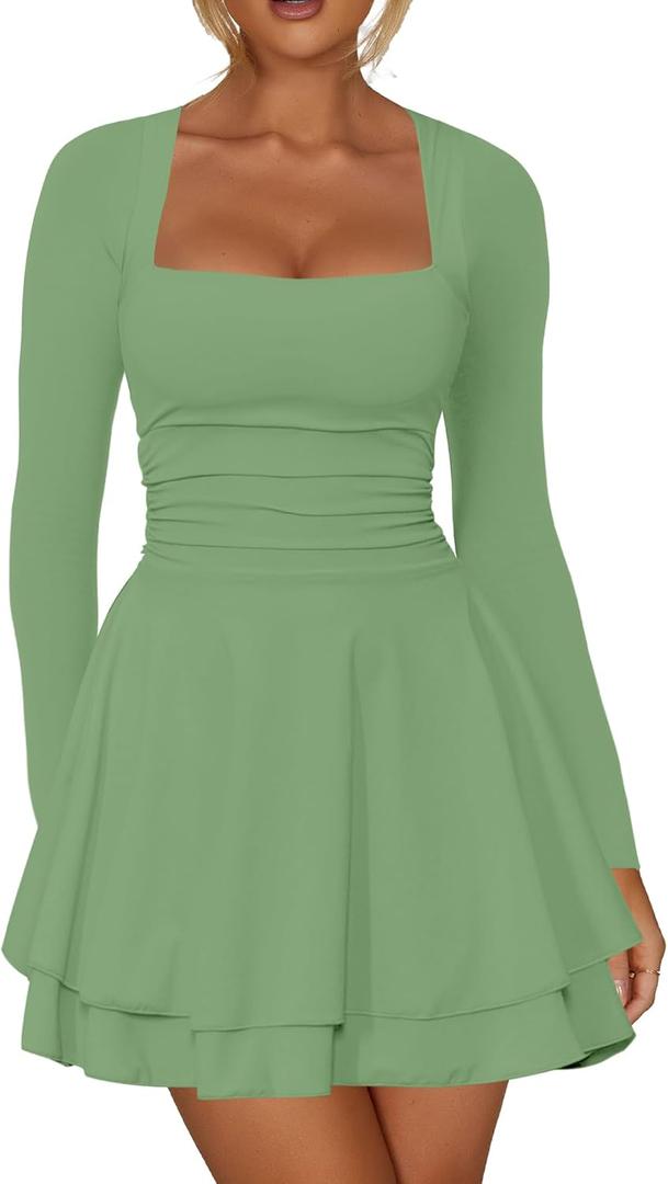 Kaximil Women's Square Neck Ruffle Hem Mini Dress Ruched Waist Long Sleeve Corset Short Party Dresses (Medium, Pea Green)