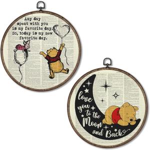 Giosve Bear Nursery Round Wall Art Canvas Framed Poster, Love You to the Moon and Back Cartoon Bear Pig Hanging Wall Sculptures for Kids Nursery Room Bedroom Playroom Decor, 10x10 Inch Set of 2