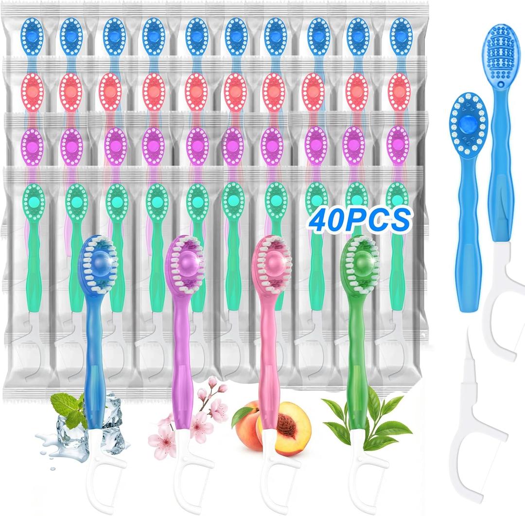 40 Pack 5-in-1 Disposable Toothbrushes with Toothpaste, Travel Toothbrush Set with Floss, Pick & Tongue Scraper, Individually Wrapped Mini Toothbrush for Adults, Work Camping - Mixed Flavor