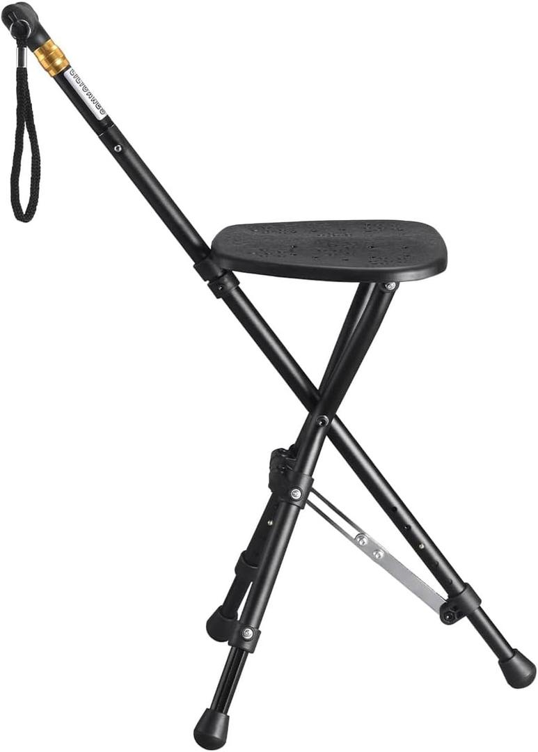 Anti-Slip Walking Cane with Seat Folding Lightweight,Walking Stick Height Adjustment,Portable and Sturdy Cane Chair for Travel Outdoor Use, Queuing, Elderly Women and Men, 35 inches , 19 inches